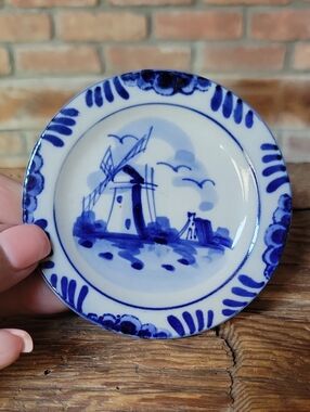 Vintage Delft Bleu Mini Dutch Windmill Plate, Butter Pat, Trinket Dish
